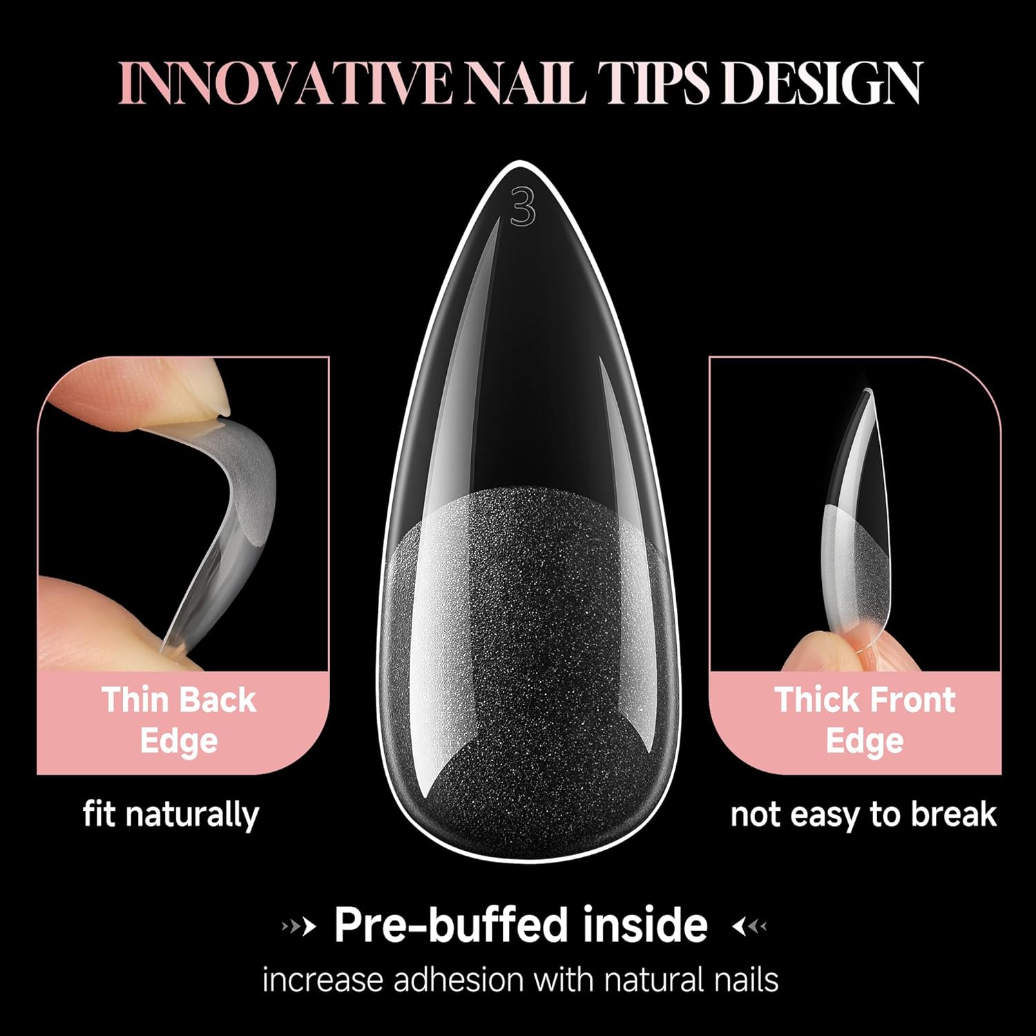 Long Almond Nail Tips: 504pcs Full Cover Soft Gel Nail Tips, 12 Sizes Pre-Etched Half Matte Almond Press on Nails No C Curve For Nail Extensions Home Salon-BrightBean Baby