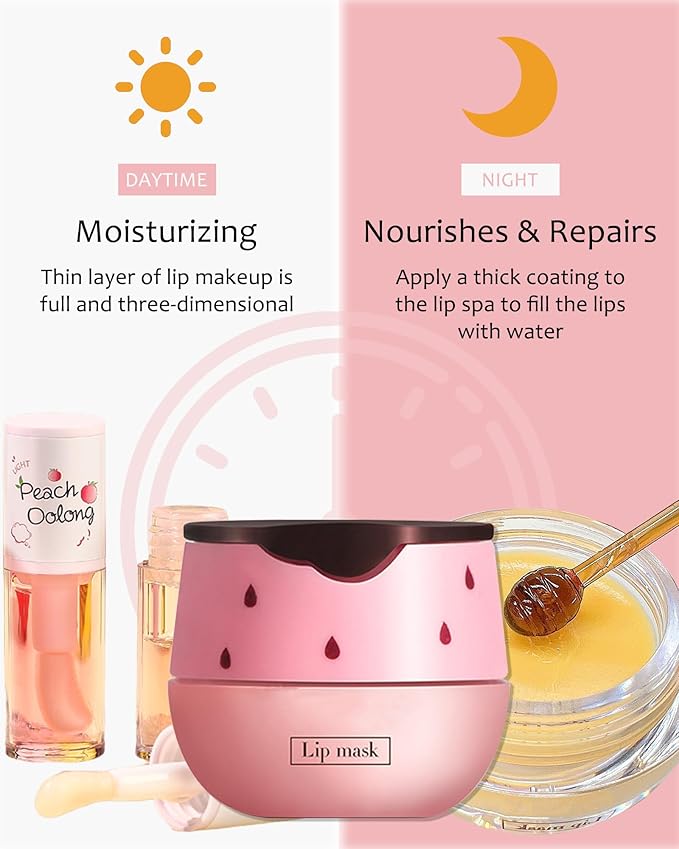 2Pcs Watermelon Lip Balm Honey Pot Lip Mask & Lip Glowy Oil Lip Care Set, Propolis Moisturizing & Nourish Hydrating Lip Gloss Repair, Reduce Lip Line & Plump Dry Cracked Lip Scrub Exfoliator -Set C-BrightBean Baby