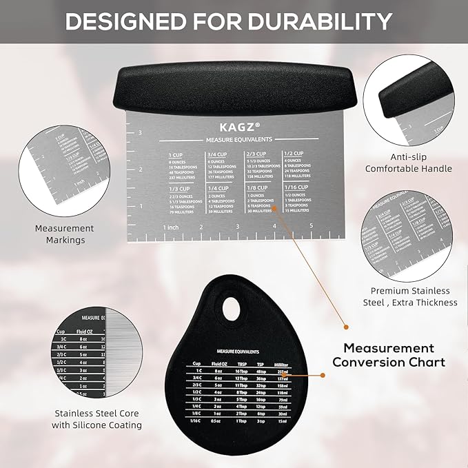 Bench Scraper & Chopper - Multifunctional Dough Scraper with Silicone Bowl Scraper, Sturdy Stainless Steel Dough Cutter for Baking, Pastry Cutter for Bread Pizza Cake with Measuring Scale