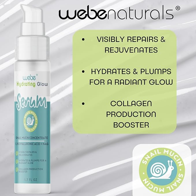 WEBE Naturals Snail Mucin 94% Hydrating Glow Serum | 1.3% Hyaluronic Acid & N-Acetyl Glucosamine | Collagen Boosting, Plumping, Anti Aging, Intense Moisturizing Serum for Radiant, Dewy Skin-BrightBean Baby