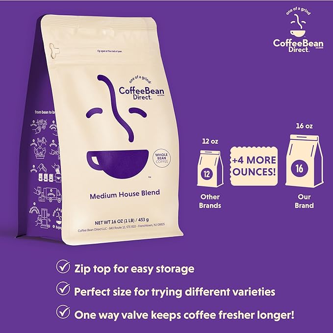Coffee Bean Direct Medium House Blend, Whole Bean Coffee, Medium Roast, 1 Pound Bag (Pack of 1)
