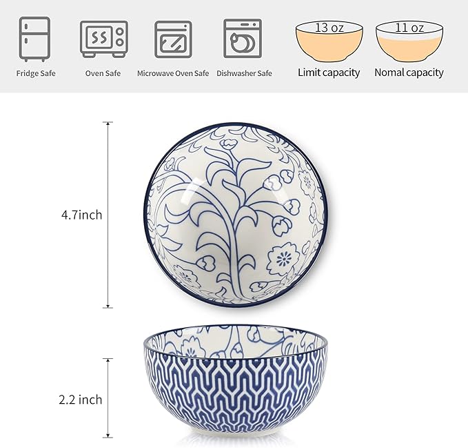 Selamica Ceramic 12 OZ Dessert Bowls Set, Ice Cream Bowls, 4.7 Inch Small Bowls for Snack, Side Dishes, Rice, Microwave Dishwasher Safe, Set of 6, Vintage Blue