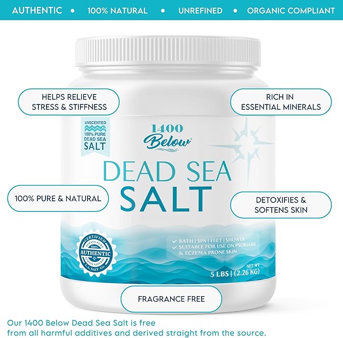 1400 Below 5 Lbs Jar Dead Sea Salt, Fine Grain - Foot and Spa Bath Soak, Exfoliating Body Scrub, 100% Pure and Mineral-Rich, Highest Mineral Content – Natural Muscle Tension Relief-BrightBean Baby