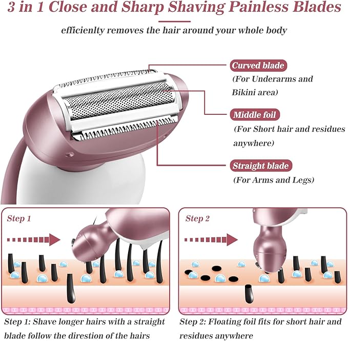 Electric Shaver for Women for Legs Bikini Trimmer Electric Razors for Women Underarm Public Hairs Rechargeable Womens Shaver Wet Dry Use Painless Cordless with Detachable Head (Pink)-BrightBean Baby