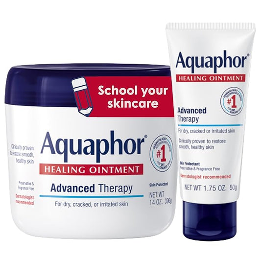 Aquaphor Healing Ointment Advanced Therapy Skin Protectant Skin Care Set, Body Moisturizer for Dry Skin, Minor Cuts and Burns, Dry Cuticles, Cracked Heels, Hands and Lips, 14 Oz Jar + 1.75 Oz Tube-BrightBean Baby