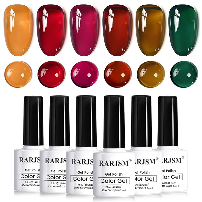 RARJSM Jelly Stained Glass Gel Nail Polish Set 6pcs Clear Amber Yellow Cherry Red Orange Olive Green Crystal Transparent Series Sheer Gel Varnish Curing Requires Soak off Home Salon French Manicure-BrightBean Baby