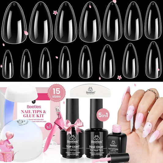 Beetles Gel Nail Kit Clear, Almond Medium, 600pcs 15 Sizes, with Pink Color Gel Top Coat 9 in 1 Glue Mini Nail Lamp, Fall Nails, Full Cover Easy Nail Extension Set for Home DIY Salon Gift for Women-BrightBean Baby