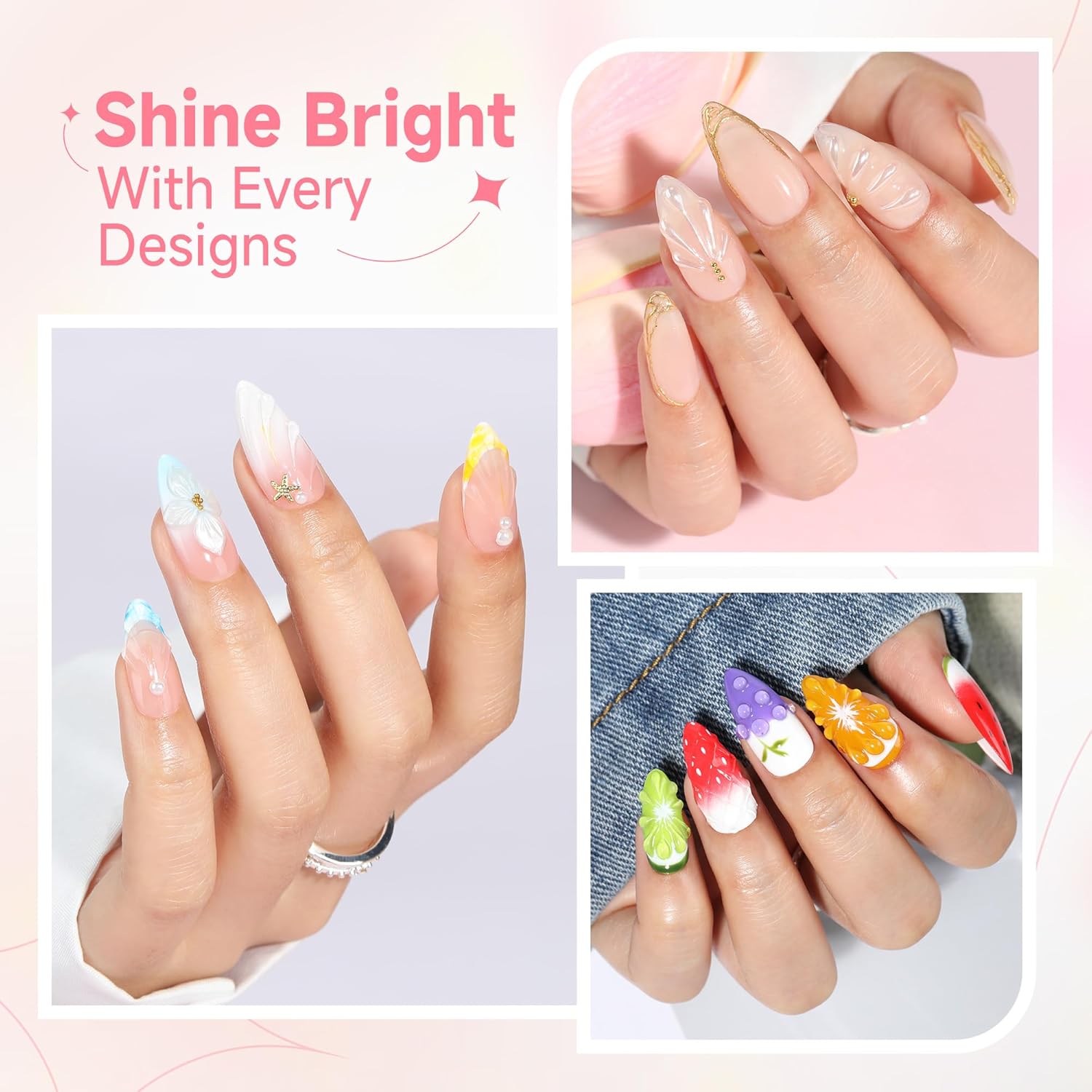 UNA GELLA 3D Gel Nail Art, 3D Nail Gel Sculpting G el Glue 15g 4 in 1 No Wipe Clear Nail Polish for Nails Tips, Chrome Powder, Nail Charms Gems, Drawing, Molding and DIY Nail Art Lamp Curing Needed-BrightBean Baby