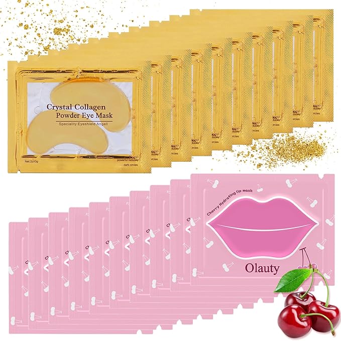 20 Pieces Lip Masks&24K Gold Gel Eye Masks,Crystal Collagen Under Eye Masks,Moisturizing Cherry Lip Patches Skin Care,Reducing Fine Lines & Dark Circle for Puffy Eyes,Birthday for Women-BrightBean Baby