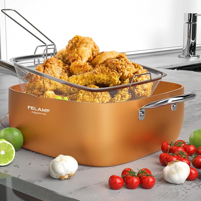 FELAMP 9.5 Inch Ceramic Nonstick Deep Square Frying Pan Set - 4 Piece Copper Cookware