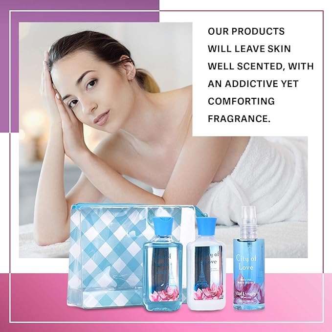 Bath & Body Care Travel Set - Home Spa Set with Body Lotion, Shower Gel and Fragrance Mist, Valentines Day Gifts for Her and Him(City of Love)-BrightBean Baby