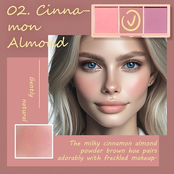 3 Color Matte Pink Blush Palette with Brush, Long Lasting Cheek Makeup, Light and Smooth Blush Powder for Face Beauty-BrightBean Baby