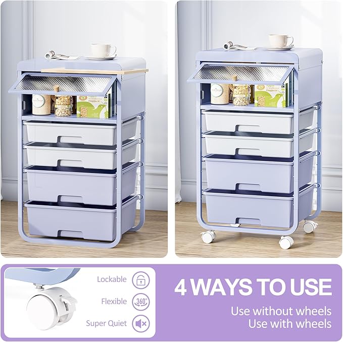 Utility-Rolling-Storage-Drawer-Craft-Cart-Organizers with 4 Drawers & Dust-Proof Door for Kid Craft Art Room,Bedroom,Home Office, Lavender Purple-BrightBean Baby