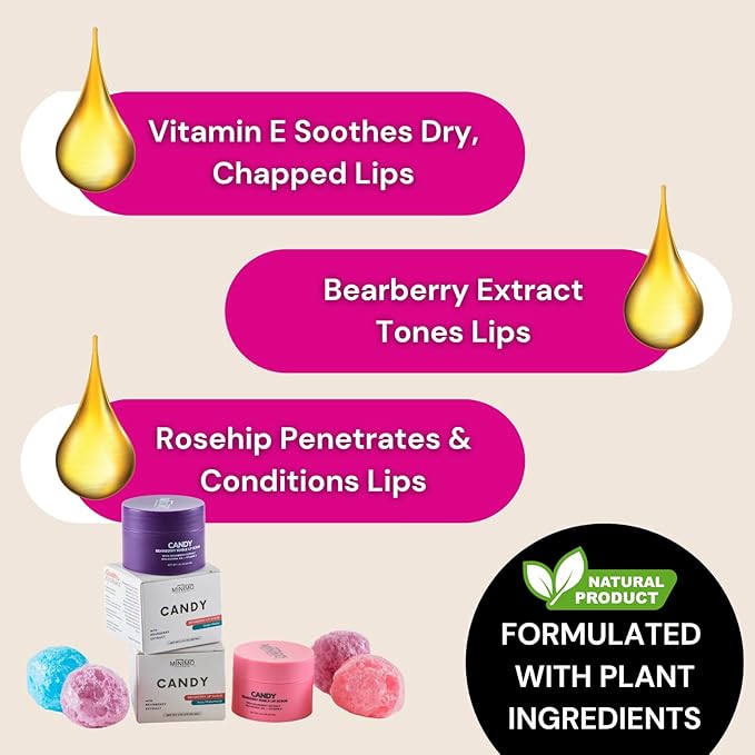 Minimo Candy Lip Exfoliator Scrub & Moisturizer - Lip Scrubber Exfoliator- Lip Brightening For Dark Lips Smoker| Removes Dead Skin from Dry Chapped Lips - Nourishes & Hydrates(1 oz) Grape Nectar-BrightBean Baby