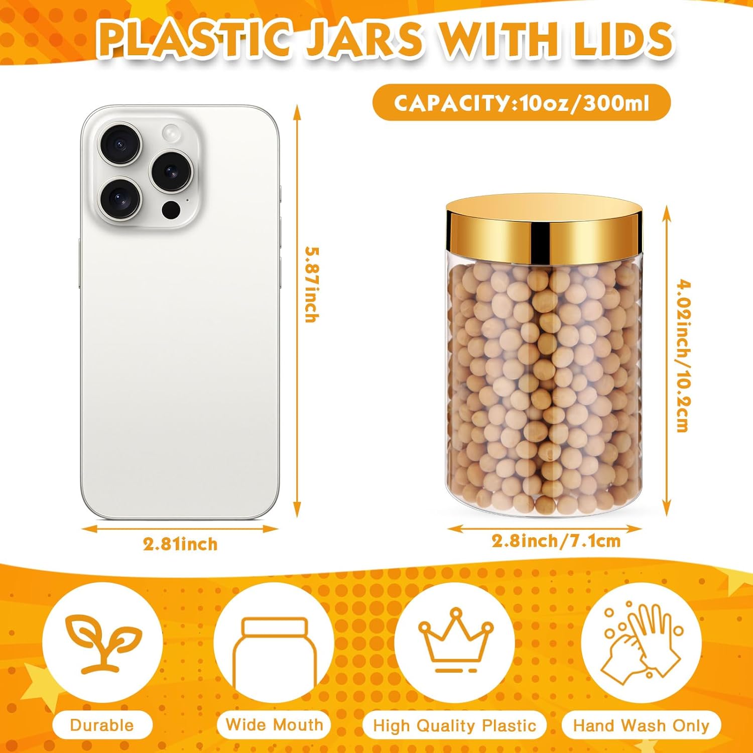 SATINIOR 100 Pcs Plastic Jars with Lids Small Containers Lids Wide Mouth Small Plastic Containers for Lotion Cream Rhinestones Body Butters Travel Storage(10 oz,Gold)-BrightBean Baby