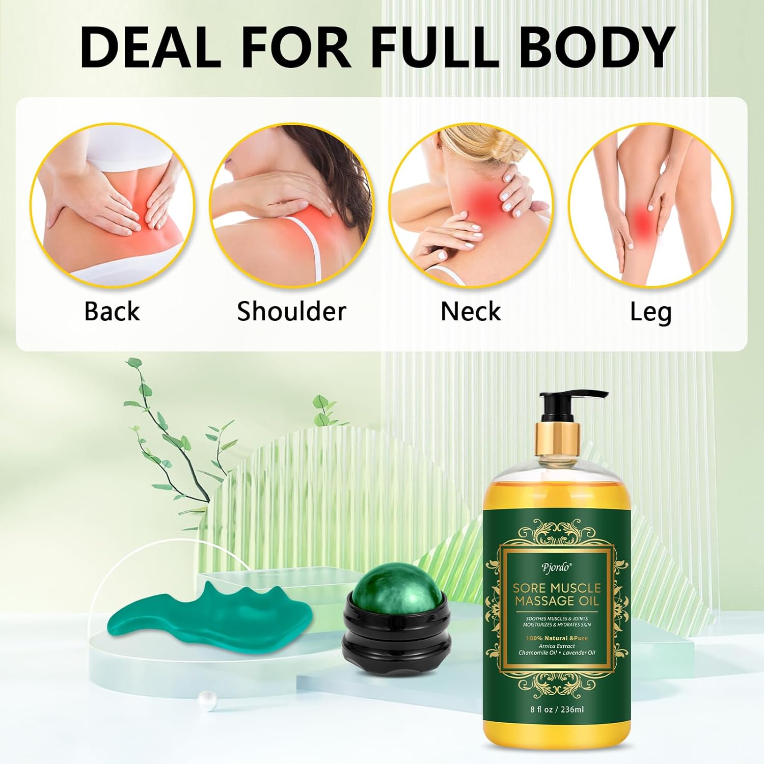 Sore Muscle Massage Oil for Massage Therapy, with Massage Roller Ball & Thumb Saver Massager, Body Massage Oil for Muscle Relaxing, Soothes Joints & Muscles with Arnica, Lavender Oil(8 Fl Oz)-BrightBean Baby