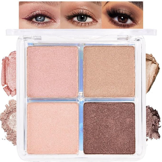 4 Colors Dark Brown Nude Pink Eye Shadow Powder Palette Makeup, Neutral Matte Shimmer Cream Quads Eyeshadow Palette for Women Highly Pigmented Waterproof, paleta de sombras de ojos, Vegan, 06-BrightBean Baby