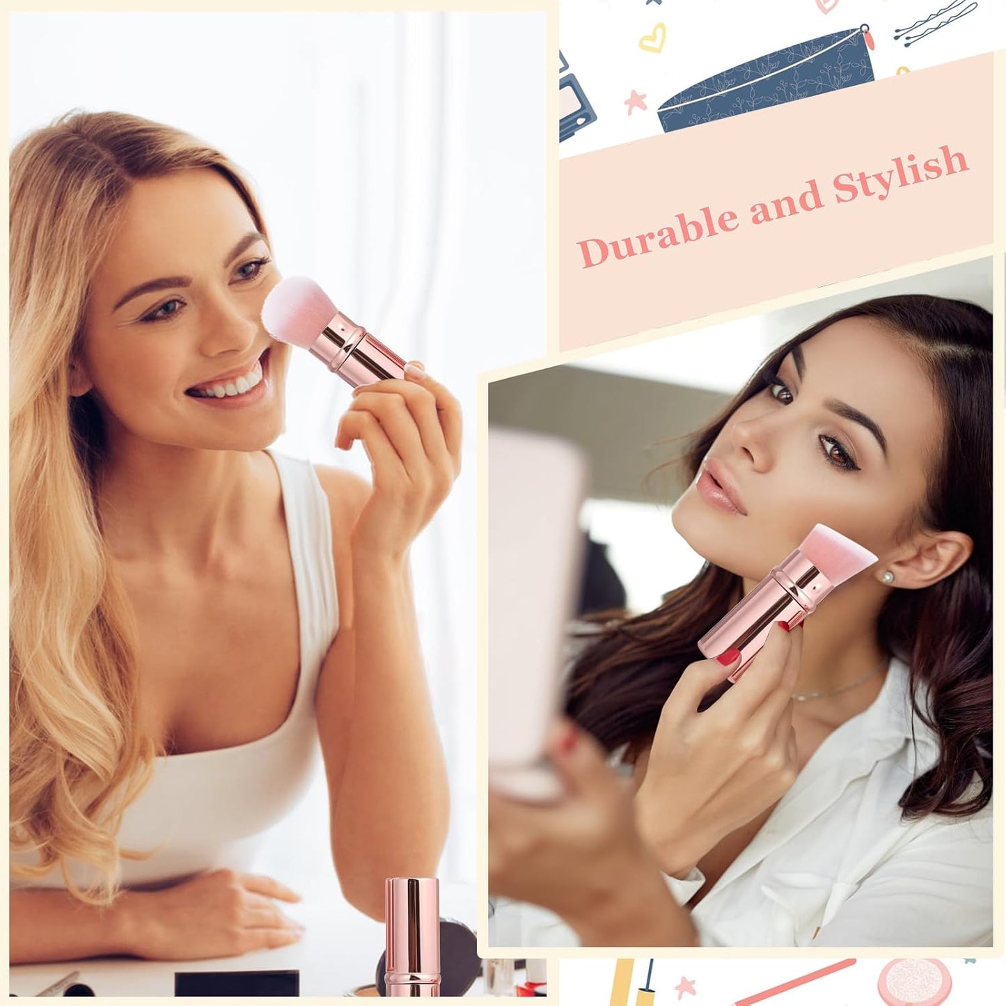 Retractable Makeup Brush 2 Pack, Travel Kabuki Powder Makeup Brush, Foundation Face Blush Brushes for Blending Liquid, Blush, Bronzer, Buffing, Sunscreen,Flawless Cosmetics-BrightBean Baby