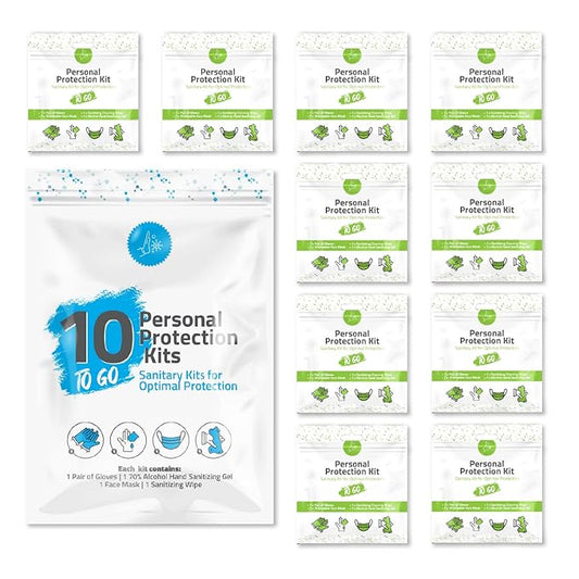 Personal Protection Kit TO GO, Mini 4 Item PPE Kit for travel and school | Includes 1 Each of Face Covering, Gloves, Cleansing Wipes & Hand Cleansing Gel | 10 - Pack (Green)-BrightBean Baby