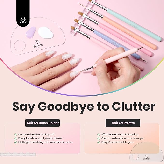 Beetles Nail Art Brushes, 6pcs Nail Art Tool Set, Nail Double-headed Dotting Tools, Striping Nail Art Brushes for Long/Short Lines, Nail Drawing Pen with Nail Brush Holder&Palette For Nail Design-BrightBean Baby