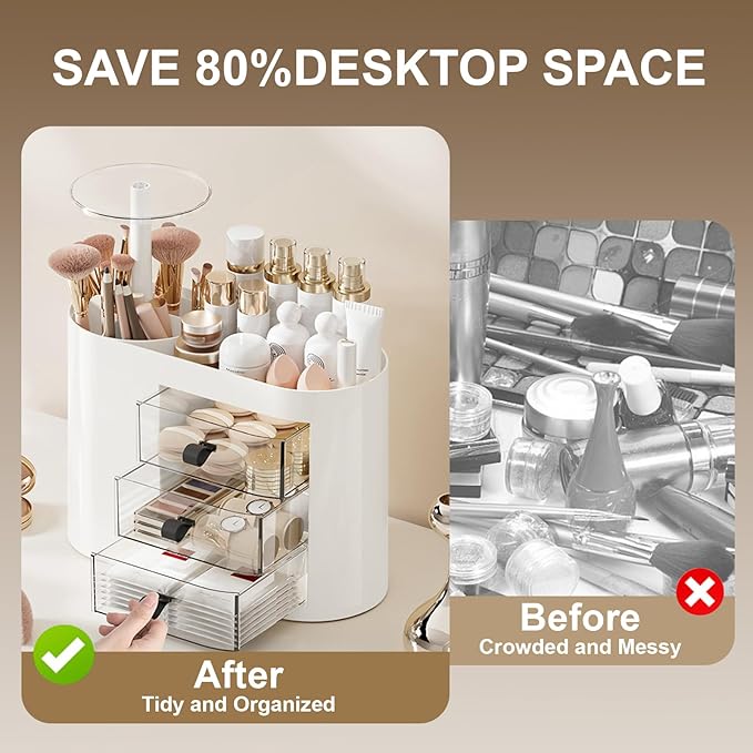 DASITON Makeup Organizer with 3 Drawers,Automatic Lifting Makeup Brush Holder with Lid,Large Capacity Makeup Organizers for Vanity,Bathroom Countertop,Ideal Storage Skin Care,Brushes,Lipstick (White)-BrightBean Baby