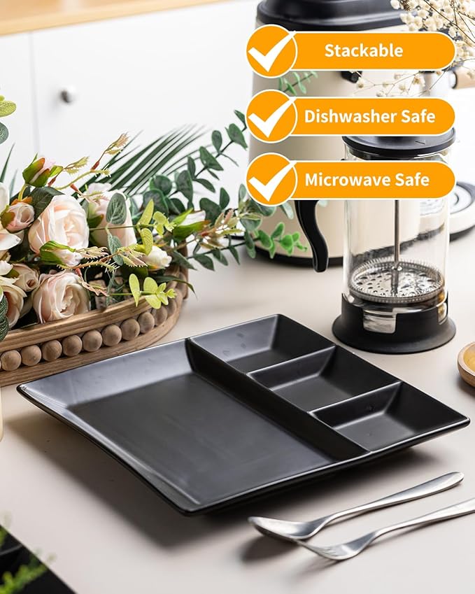LAUCHUH Divided Serving Platters, 11 x 11 inch Porcelain Chip & Dip Serving Set Dinner Serving Tray 4 -Compartment Serving Dishes for Thanksgiving, Candy, Nuts,Veggies, Snacks and Sauce, Black