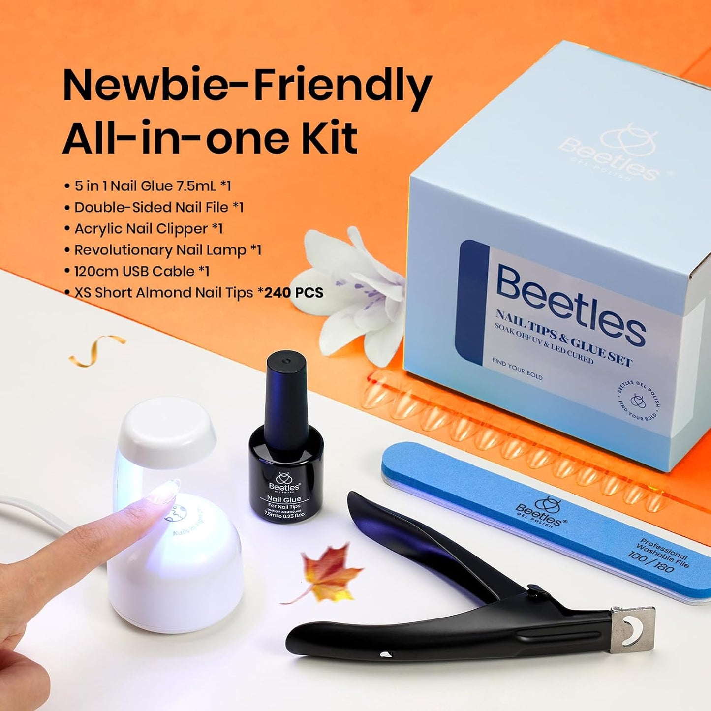 Beetles Gel Nail Kit, Short Almond Nail Tips Easy Extension Set 240 Pcs Pre Shaped Clear Full Cover Fake Nails Tips with 5 In 1 Nail Glue Uv Led Lamp DIY Manicure Gifts for Women-BrightBean Baby