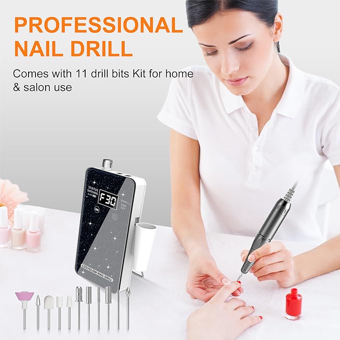 Professional Electric Nail Drill File:COSYGLOW Glitter Portable Cordless E-File Nail Drill Kit with 11 Drill Bits,30000 RPM Rechargeable Nail Drills Machine for Acrylic Nails Gel Polishing(Black)-BrightBean Baby