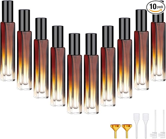 Segbeauty Travel Perfume Bottle, 10pcs 10ML Empty Refillable Glass Perfume Atomizer, 0.34oz Portable Cologne Dispenser Spray Bottle Travel Size Sample Bottles Sprayer Perfume Making Kit Gradient Amber-BrightBean Baby