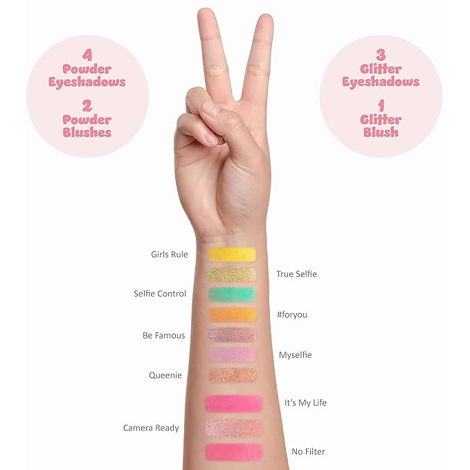 Expressions Selfie Queen Glisten & Glitter Makeup Palette 10 Color Eyeshadow Palette & Blush Makeup Novelty Beauty Set, Fold Out Compact with Mirror, Cute Makeup Kit Gifts - Washable, Non-Toxic-BrightBean Baby