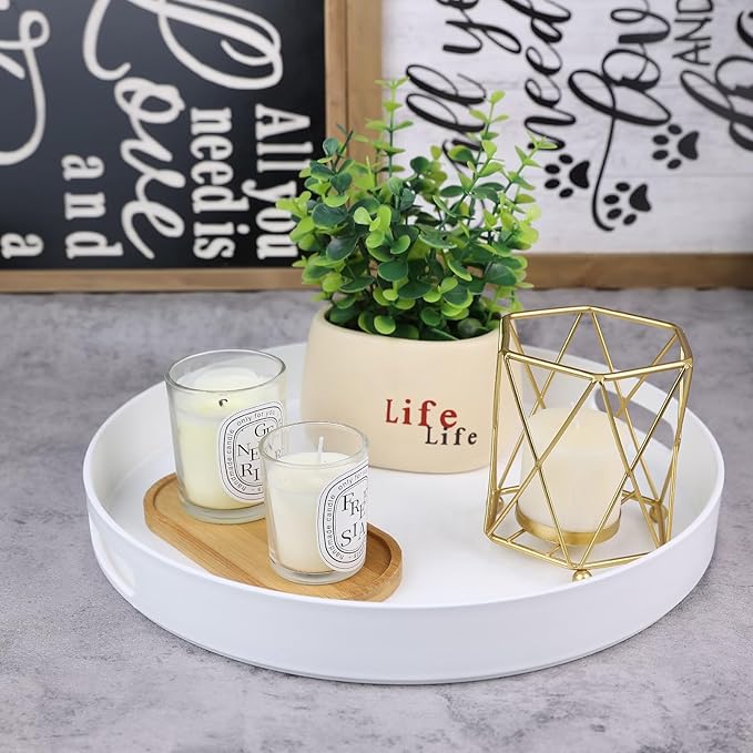 Round White Decorative Serving Tray with Handles, 13” Versatile Ottoman Tray for Coffee Table, Entertaining, Outdoor Patio, Living Room