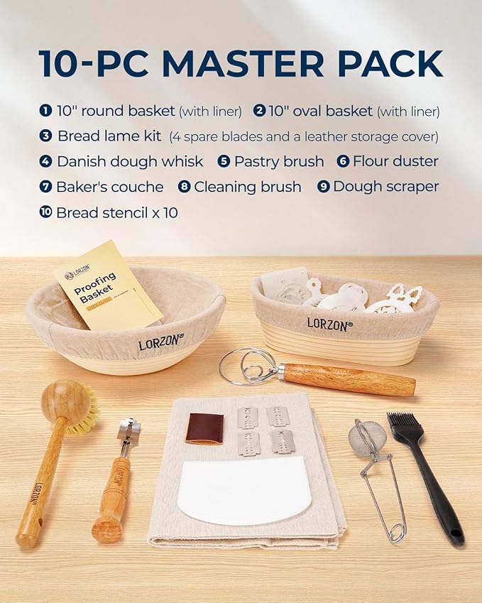 Banneton Proofing Basket Set of 2, 10 Inch Round & Oval Cane Bread Proofing Baskets with Sourdough Bread Baking Supplies, Bread Making Kit