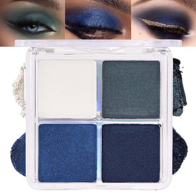 4 Colors Dark Peacock Green White Navy Sapphire Blue Eye Shadow Powder Palette Makeup, Highly Pigmented Waterproof Matte Shimmer Cream Quads Eyeshadow Palette for Women, paleta de sombras de ojos 08-BrightBean Baby