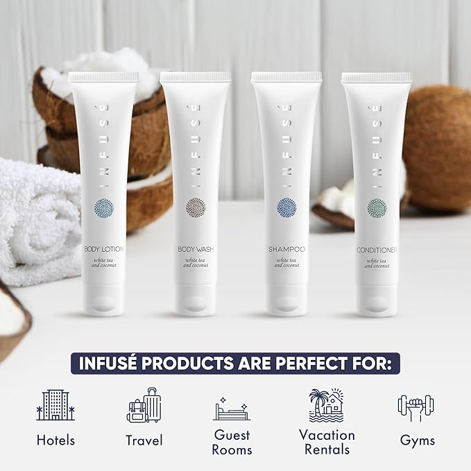 Infuse White Tea & Coconut Hotel Toiletries Bulk Set | 1-Shoppe Amenities Kit | 1oz Shampoo & Conditioner, Body Wash, Lotion | Travel Size | 80 Pieces-BrightBean Baby