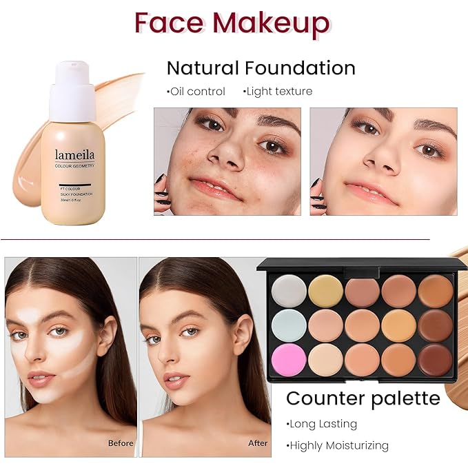 Makeup Present Set for Teen Girl Women, Travel Makeup Kit, Makeup Full Kit for Beginner, Makeup Bundle Include 2 Matte & Shimmer Eyeshadow Palettes, Liquid Glitter Eyeshadow & Eyeliner-BrightBean Baby