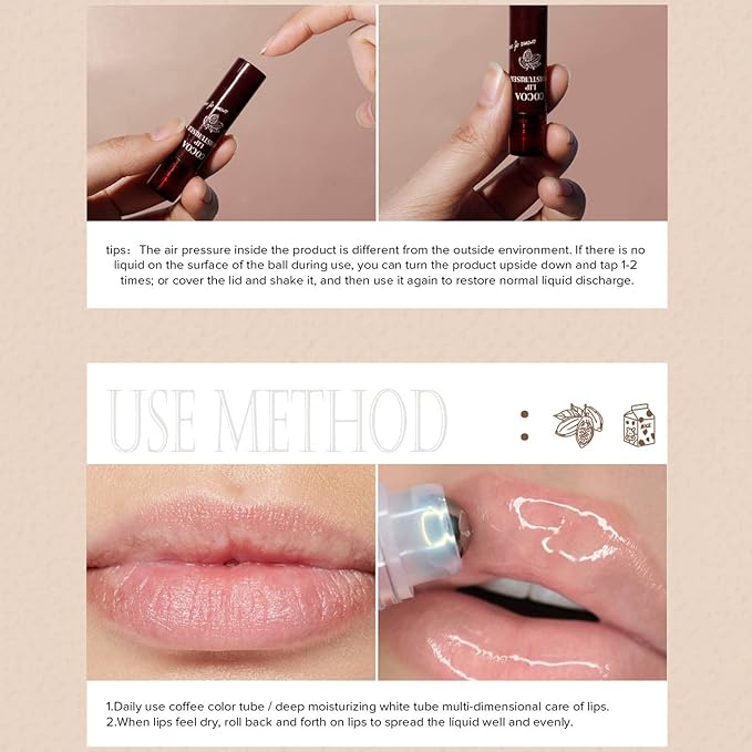 2pcs Lip Balm, Cocoa Bean Lip Oil, Milk Lip Oil, Hydrating Nourishing Roll On Lip Gloss Roll On Design Overlay Different Aroma-BrightBean Baby