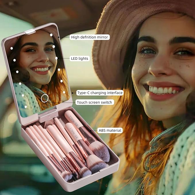 BS-MALL Makeup Brushes Foundation Powder Concealers Eye Shadows Makeup Set with LED light Mirror 14 Pcs Mini Makeup Brushes (APINK)-BrightBean Baby