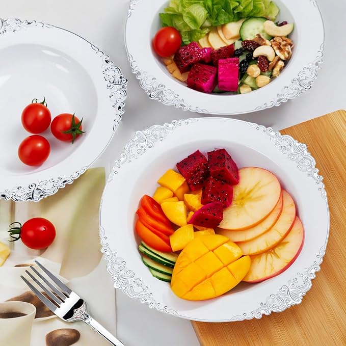 Nervure 50PCS White Plastic Bowls with Silver Rim - 12oz Disposable Soup Bowls, Heavy Duty Salad Ice Cream Bowl Perfect for Weddings, Parties and Everyday Use