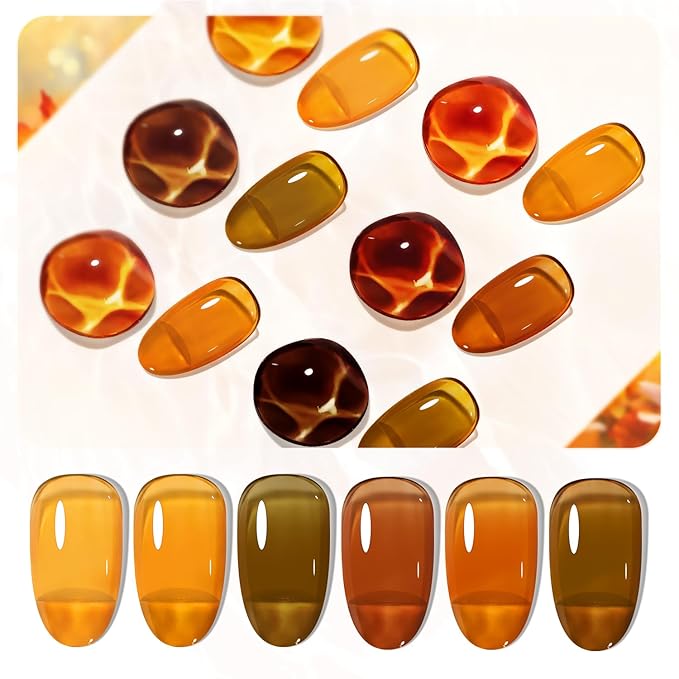 JODSONE 6 Colors Gel Nail Polish Set Fall Collection Jelly Effect Soak Off Need U V LED Gel Polish Set Autumn Mauve Brown RedSalon-Quality DlY Home Manicure-BrightBean Baby