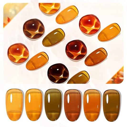 JODSONE 6 Colors Gel Nail Polish Set Fall Collection Jelly Effect Soak Off Need U V LED Gel Polish Set Autumn Mauve Brown RedSalon-Quality DlY Home Manicure-BrightBean Baby
