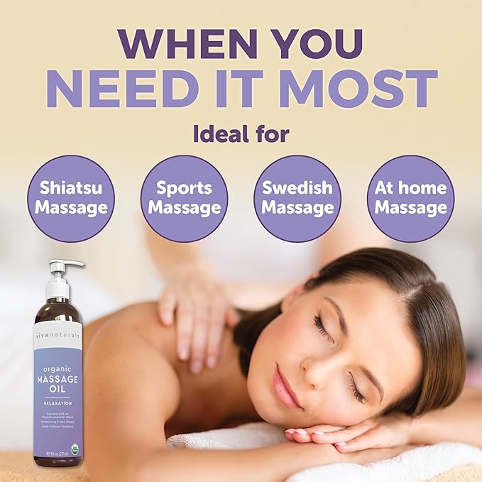Viva Naturals Organic Massage Oil (8 fl. oz.) - Lavender Scented Non-Greasy Body Massage Oil with Mess-Free Pump, Moisturizing Massage Oils for Massage Therapy, Non-GMO and Certified Organic, 237 mL-BrightBean Baby
