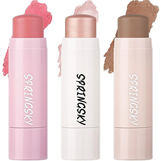 Face Stick Trio 3Pcs Multi Makeup Blush Highlighter Contour Sticks, Buildable Blendable Lightweight Cream Blush Stick for Cheeks Lips Make Up For Women (05)