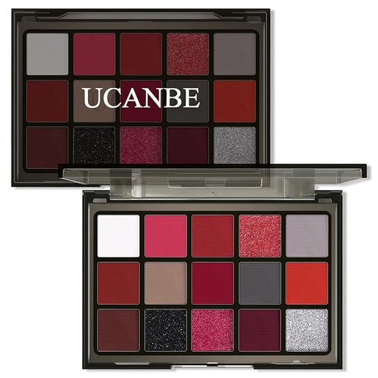 UCANBE Red Eyeshadow Makeup Palette, 15 Colors Burgunry Gray Silver Shimmer Matte Glitter Metallic Eye Shadow Pallet, Pigmented Make Up Kit for Halloween Parties Christmas Joker Vampire Clown-BrightBean Baby