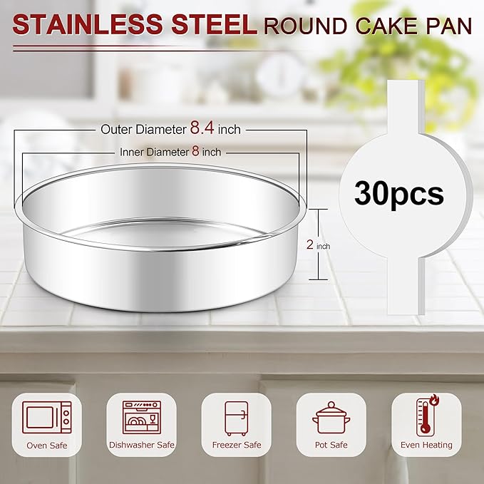 LIANYU 8 Inch Round Cake Pan for Baking, Circle Layer Cake Tin with 30 PCS Parchment Paper, Stainless Steel Bakeware for Birthday Wedding Party, Leak-proof & Mirror Finish, Dishwasher Safe