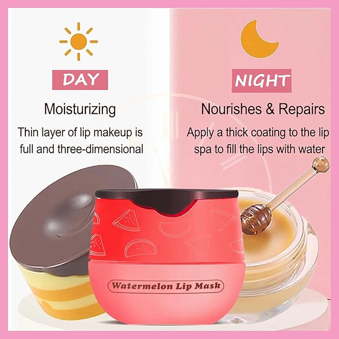 1 PCS Bee Lip Balm Lip Mask Honey Pot, Watermelon Moisturizing Sleeping Lip Mask Overnight with Sticks, Lip Balm Honey Pot Lip Balm Hydrating Prevention Dry and Crack Lip Scrubs Exfoliator-BrightBean Baby