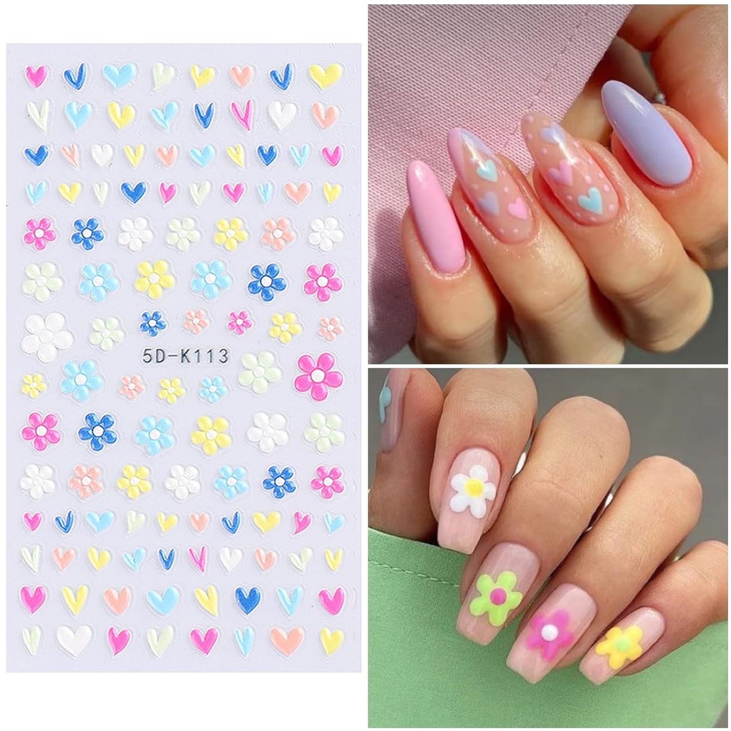 Flower Nail Art Stickers Decals 5D Embossed Nail Decals Spring Summer Daisy Nail Art Design Self-Adhesive Nail Supplies Accessories 3D Flower Nail Stickers for Women Nail DIY Decoration-BrightBean Baby