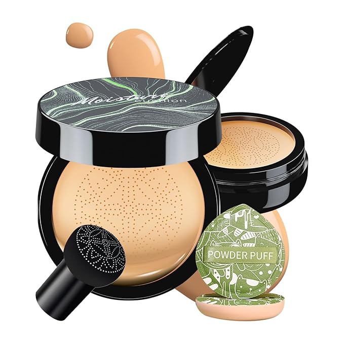 Mushroom Head Air Cushion CC Cream, Long-Lasting Brightening BB Cream Foundation With Powder Puff for Face Makeup and Mature Skin, Moisturizing Full Coverage Self Adjusting Concealer (Buff Beige)-BrightBean Baby