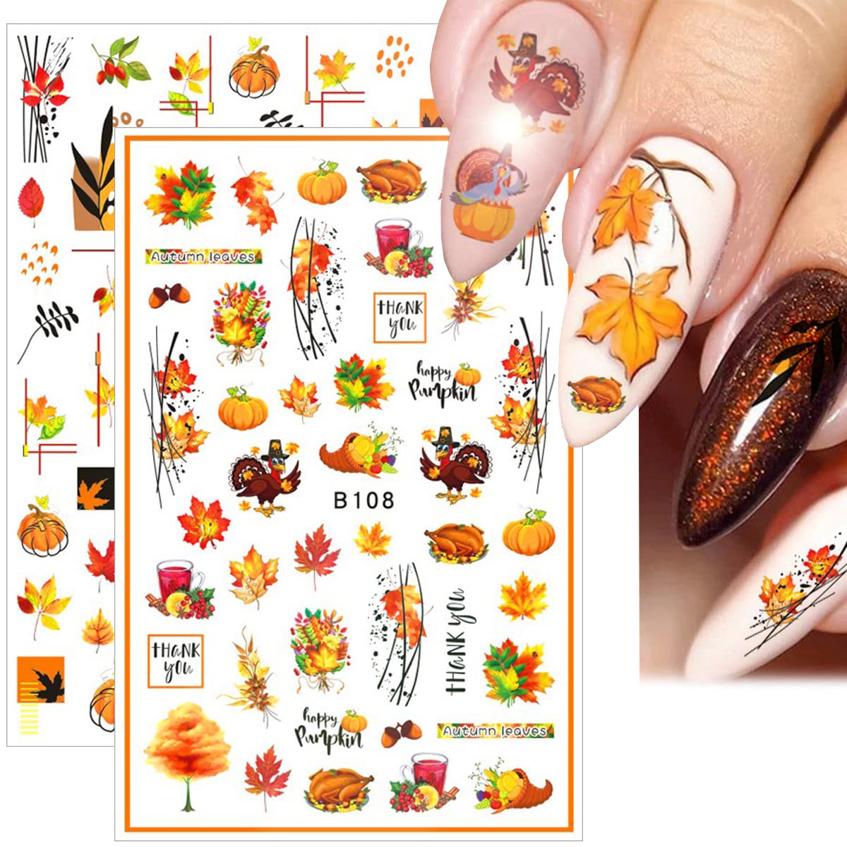12 Sheets Fall Nail Art Stickers 3D Autumn Leaves Nail Decals Self-Adhesive Thanksgiving Nail Art Accessories Foils Maple Leaf Pumpkin Turkey Nail Designs for Women Girls DIY Manicure Decoration-BrightBean Baby