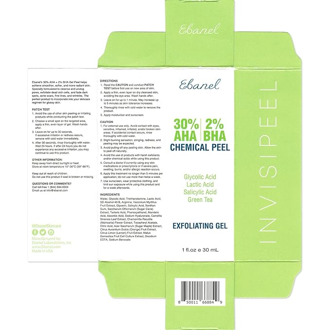 Ebanel Chemical Peel for Face, AHA BHA Exfoliator, Glycolic Acid Peel, Salicylic & Lactic Acid Face Peeling Gel, Infused with Green Tea & Chamomile for Acne Scars, Dark Spots, Wrinkles, Fine Lines-BrightBean Baby