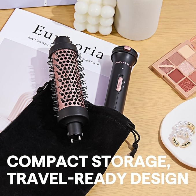 Wavytalk Thermal Brush, 1 1/2 inch Heated Round Brush with Detachable Head, Velvet Pouch and Dual Voltage for Travel, Easy to Create Blowout Look, Rose Gold-BrightBean Baby